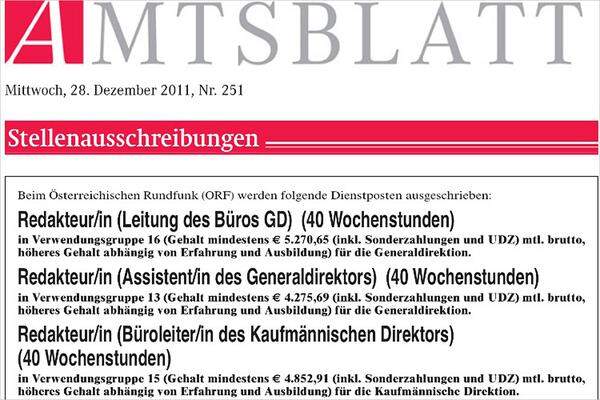 Die Ausschreibung des Bürochef-Postens wird in der "Wiener Zeitung" nachgereicht: Eine Redakteursstelle in der Verwendungsgruppe 16 (von insgesamt 18). Besondere Kenntnisse oder Fähigkeiten werden nicht verlangt. Was den ORF-Mitarbeitern sauer aufstößt: Als Redakteur hat man steuerliche Vorteile und Einblick in das Redaktionssystem - etwa in die Texte für die "ZiBs". Bruttogehalt: 5270,65 Euro. Und: "Bei den Besetzungen werden Gesichtspunkte der Hebung des Frauenanteils besonders berücksichtigt."