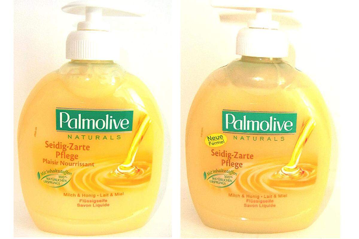 Erkennen Sie den Unterschied? Der Seifenhersteller Palmolive hat durch gekonntes Design (links) die Füllmenge von 300 ml auf 250 ml reduziert.