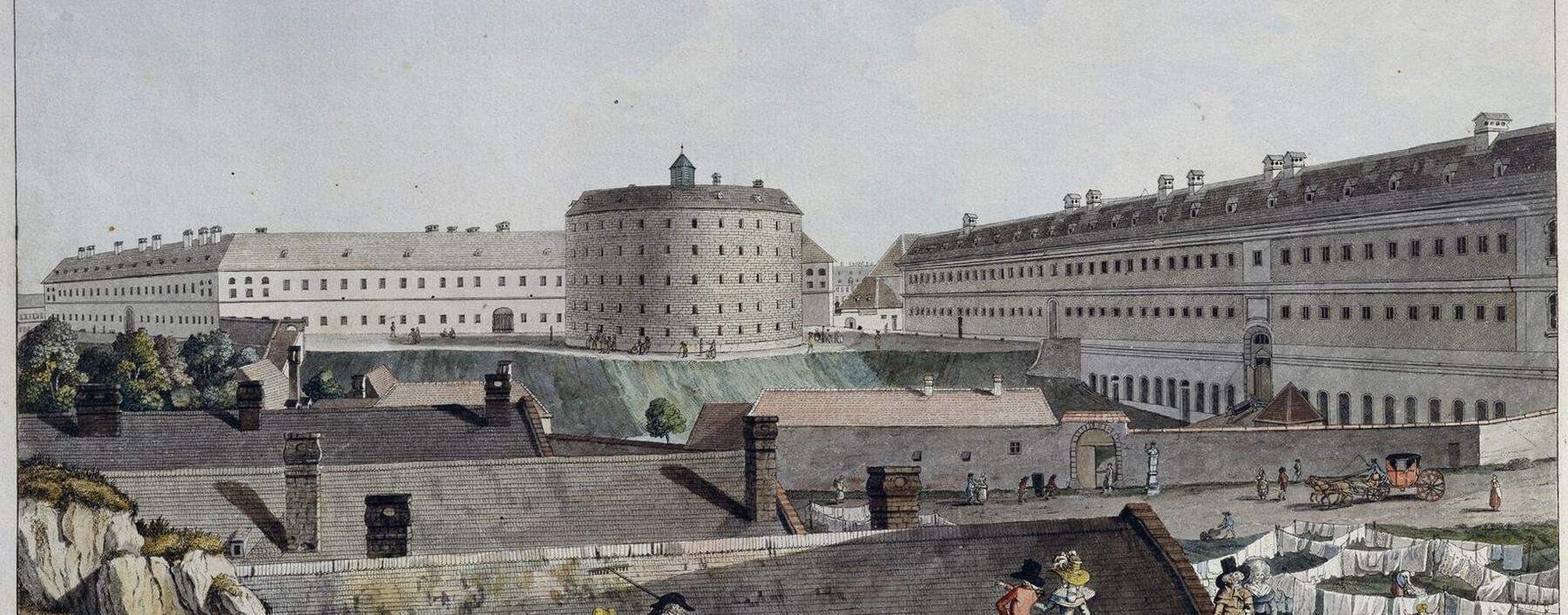 Die Ansicht des Allgemeinen Krankenhauses und des Narrenturms stammt von Josef Schaffer und entstand 1787.