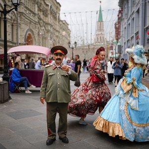 In Moskau dominiert ausgelassene Stimmung trotz des Ernst des Ereignisses: Stalin-Darsteller auf der Nikolskaja-Straße nahe dem Kreml.