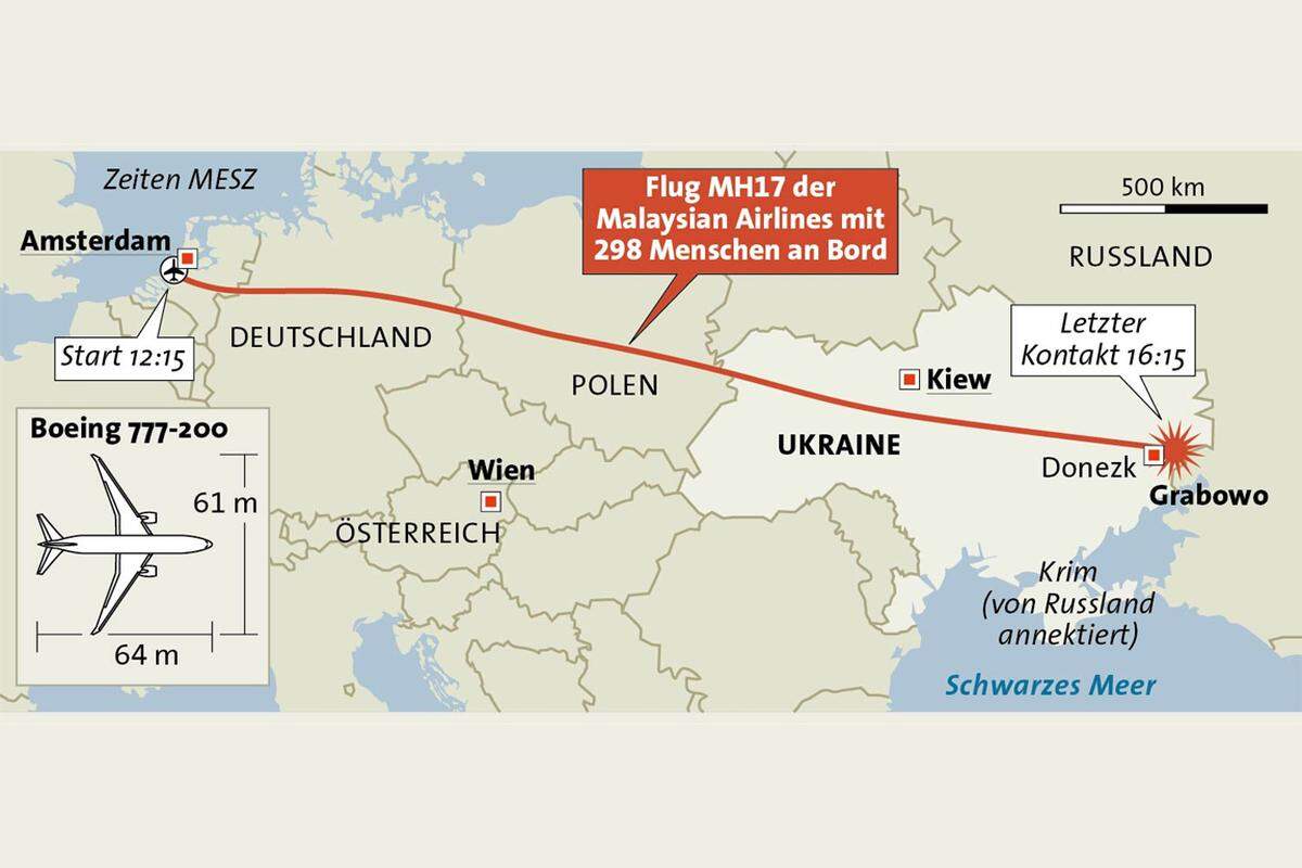 Nach etwa vierstündiger Flugzeit stürzte die Boeing 777 nur wenige Kilometer vor der Grenze der Ukraine zu Russland ab.