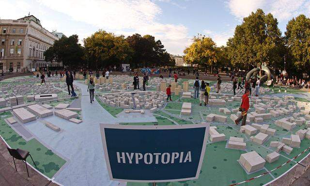 The arts project titled ´Hypotopia´, created by students of the Vienna University of Technology, is pictured in front of the Karlskirche church in Vienna
