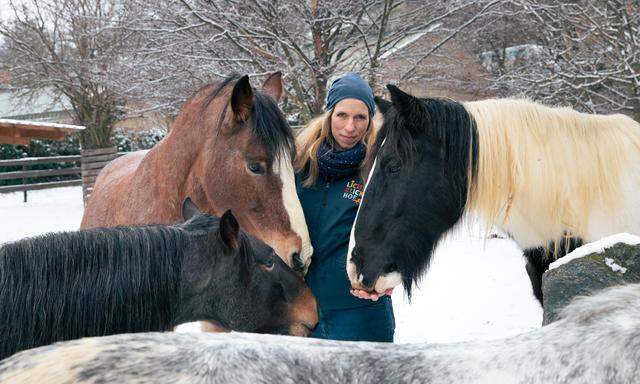Roswitha Zink mit drei der 19 Pferde auf dem Lichtblickhof in Wien.