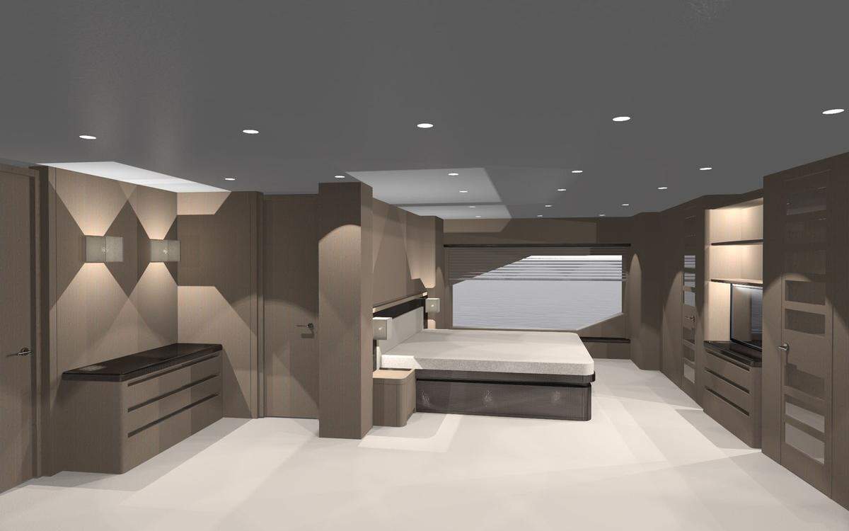 Das Master Bedroom erstreckt sich über die gesamte neun Meter Breite des Schiffes. Bis zu acht Gäste und zehn Crewmitglieder finden auf der "Stealth" Platz. Das Interieur zeigt sich ebenso wie das Exterieur minimalistisch und maskulin.
