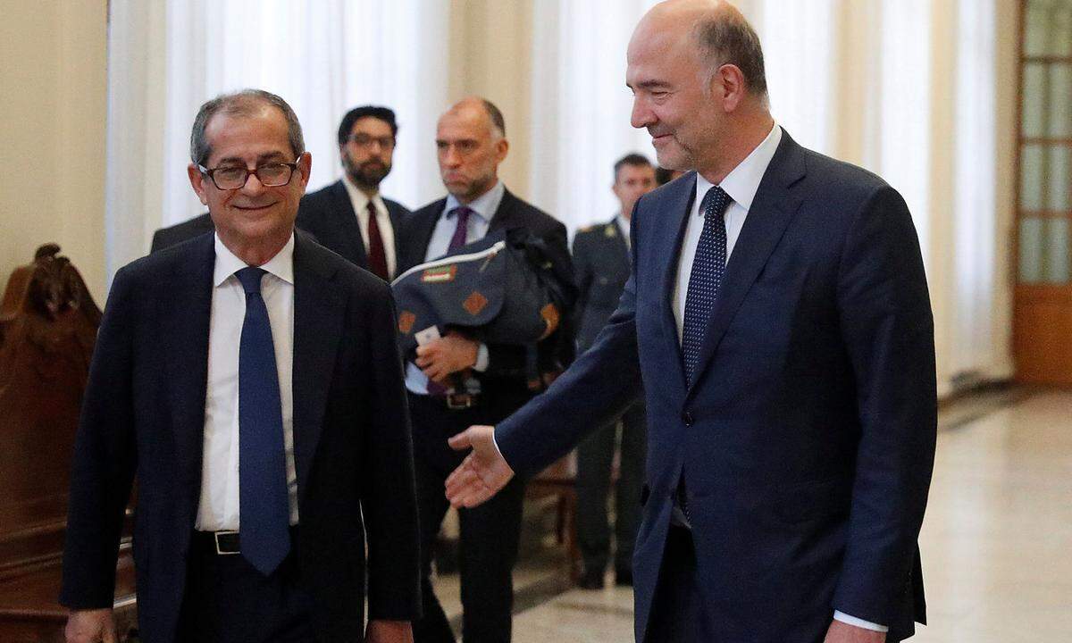 Italy's Economy Minister Giovanni Tria meets European Economic Commissioner Pierre Moscovici at the Treasury ministry in Rome