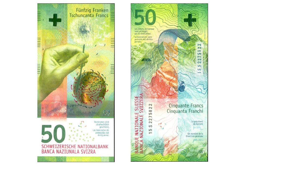 Den Schweizern ist ihr Bargeld wichtig - das merkt man auch beim Design der neuen Banknoten. Heuer stellte die Nationalbank den ersten Neuentwurf des Schweizer Franken seit 20 Jahren vor. Der 50er steht unter dem Motto Wind, auf den Banknoten finden sich ein Paraglider und eine Löwenzahn.