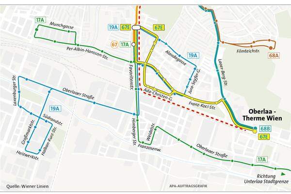 Da die künftige U-Bahntrasse oberirdisch und auf derselben Strecke wie der 67er fahren wird, ist es dann nicht mehr möglich die Straßenbahnlinie 67 bis nach Oberlaa zur Therme Wien zu führen. Für die Dauer der Bauarbeiten wird der 67er dann bei der Alaudagasse/Per-Albin-Hansson-Siedlung umkehren und zurück zum Otto-Probst-Platz fahren.