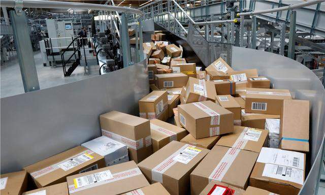 Packages are seen at the new package sorting and delivery UPS (United Parcel Service) hub in Corbeil-Essonnes and Evry