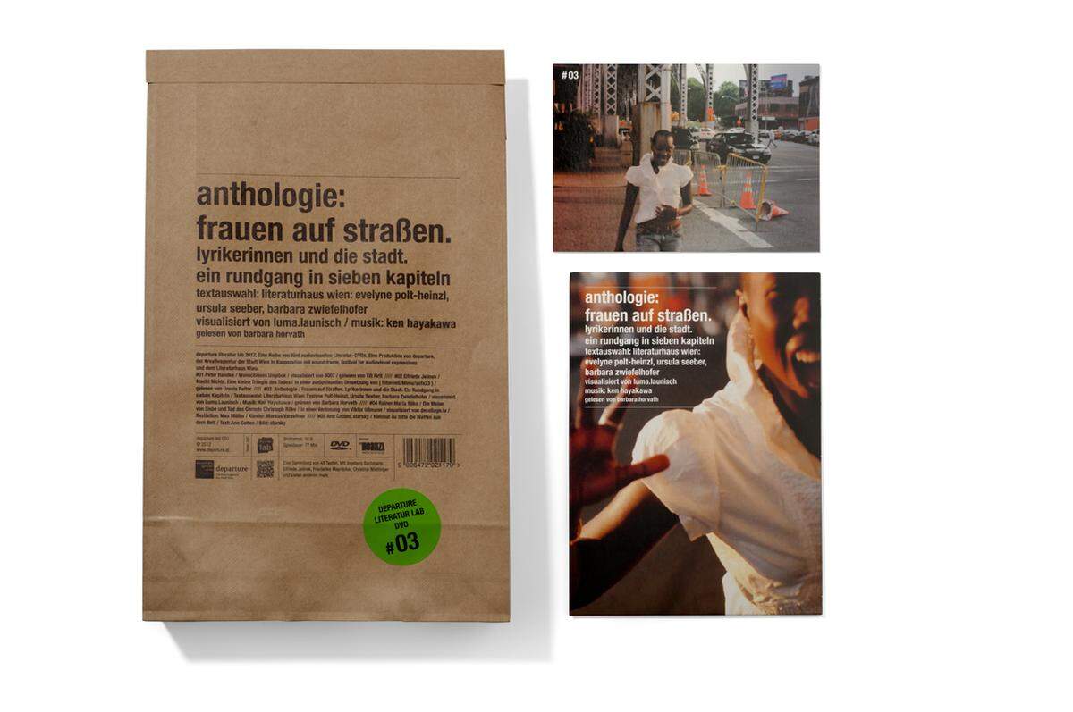 Mit Soundframe und dem Literaturhaus Wien veranstaltete Departure das Literatur Lab, bei dem literarische Texte visualisiert wurden. Jetzt gibt es fünf DVDs im Set mit Verpackungsdesign der Agentur 3007 zu kaufen. um 39,90 Euro, www.hoanzl.at