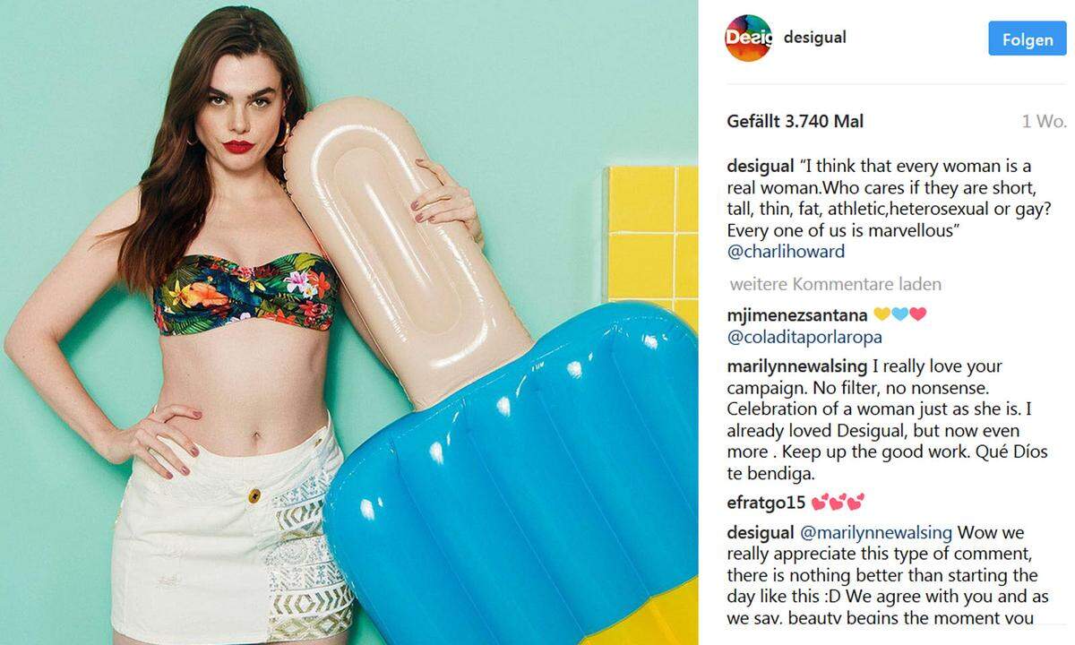 Klein, groß, dünn, dick ... Seit Anfang Mai promotet Desigual die neuen Bikinis auf seinem Instagram-Channel, jedes Bild ist mit einem Statement des Models versehen. 