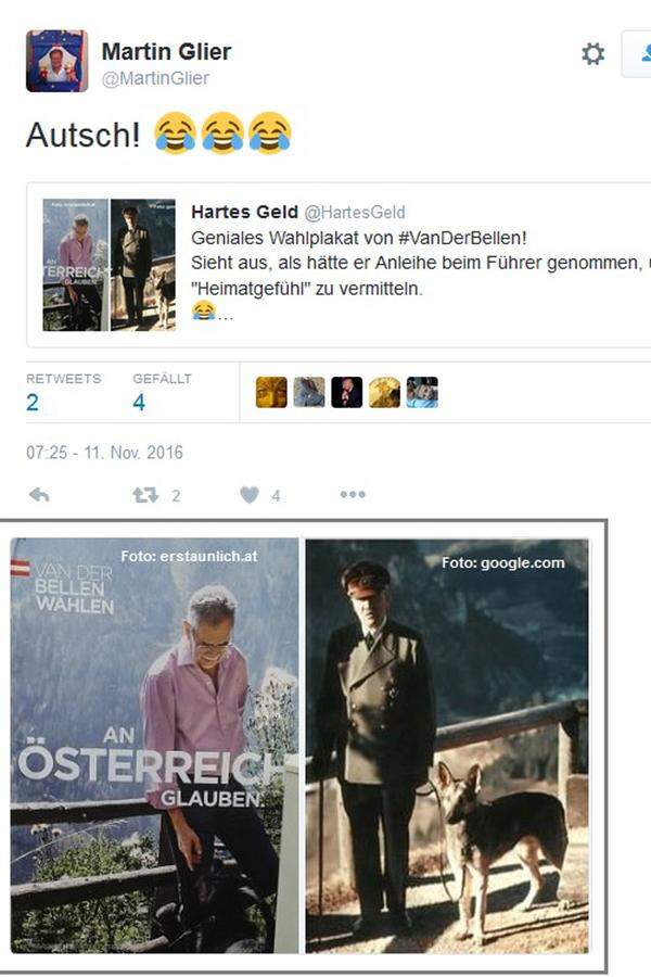 Die FPÖ Kapfenberg hat auf dem Kurznachrichtendienst Twitter ein Wahlplakat von Van der Bellen gepostet, auf dem der Kandidat hemdsärmelig im Kaunertal mit seinem Hund zu sehen ist. Daneben wurde ein Bild gestellt, das Adolf Hitler zeigt, ebenfalls vor einer Bergkulisse und mit seinem Schäferhund. Dazu gab es folgenden Satz: „Im Gegensatz zum politischen Mitbewerb wollen wir hier ganz bewusst – nichts – unterstellen!“ Das Posting wurde mittlerweile gelöscht, die Kollage kursiert aber weiterhin in den sozialen Netzwerken und wurde zuletzt etwa von Martin Glier, dem Pressesprecher von Norbert Hofer, auf Twitter geteilt. Dazu schrieb er: „Autsch“ und tränenlachende Smileys.