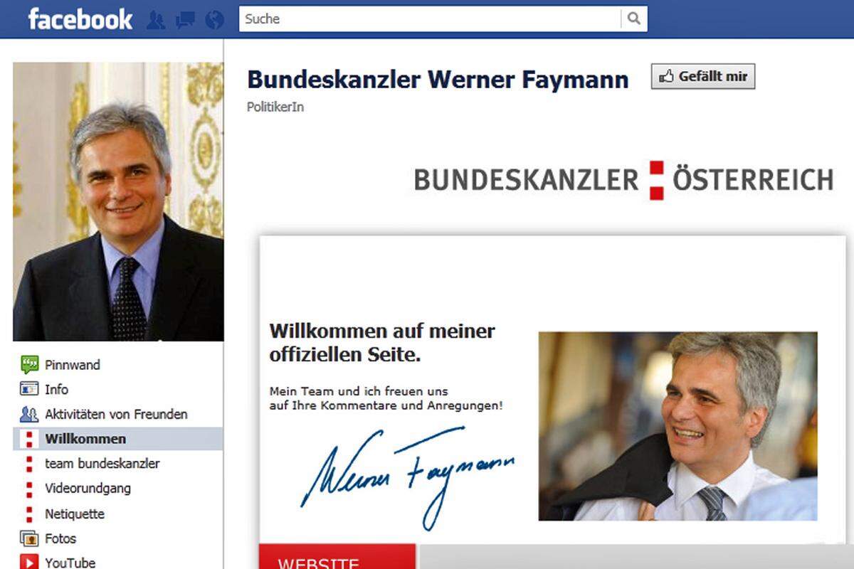 SP-Bundeskanzler Werner Faymann setzte sich 2011 mit seinem Facebook-Profil in die Nesseln: Es wurde von „Fake-Fans“ geradezu überlaufen, die den Kanzler via Statusmeldungen lobten und ehrten. Der Vorwurf wurde laut, hinter den „Marionetten-Accounts“ stecke die rote Zentrale. Die SPÖ dementierte, Fehler im täglichen Betrieb räumte Faymanns "Social-Media-Team" aber ein.