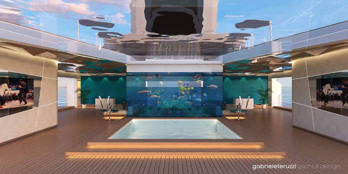 Das untere Hauptdeck ist mit einem Aquarium ausgestattet und ist als Beach Club designt.