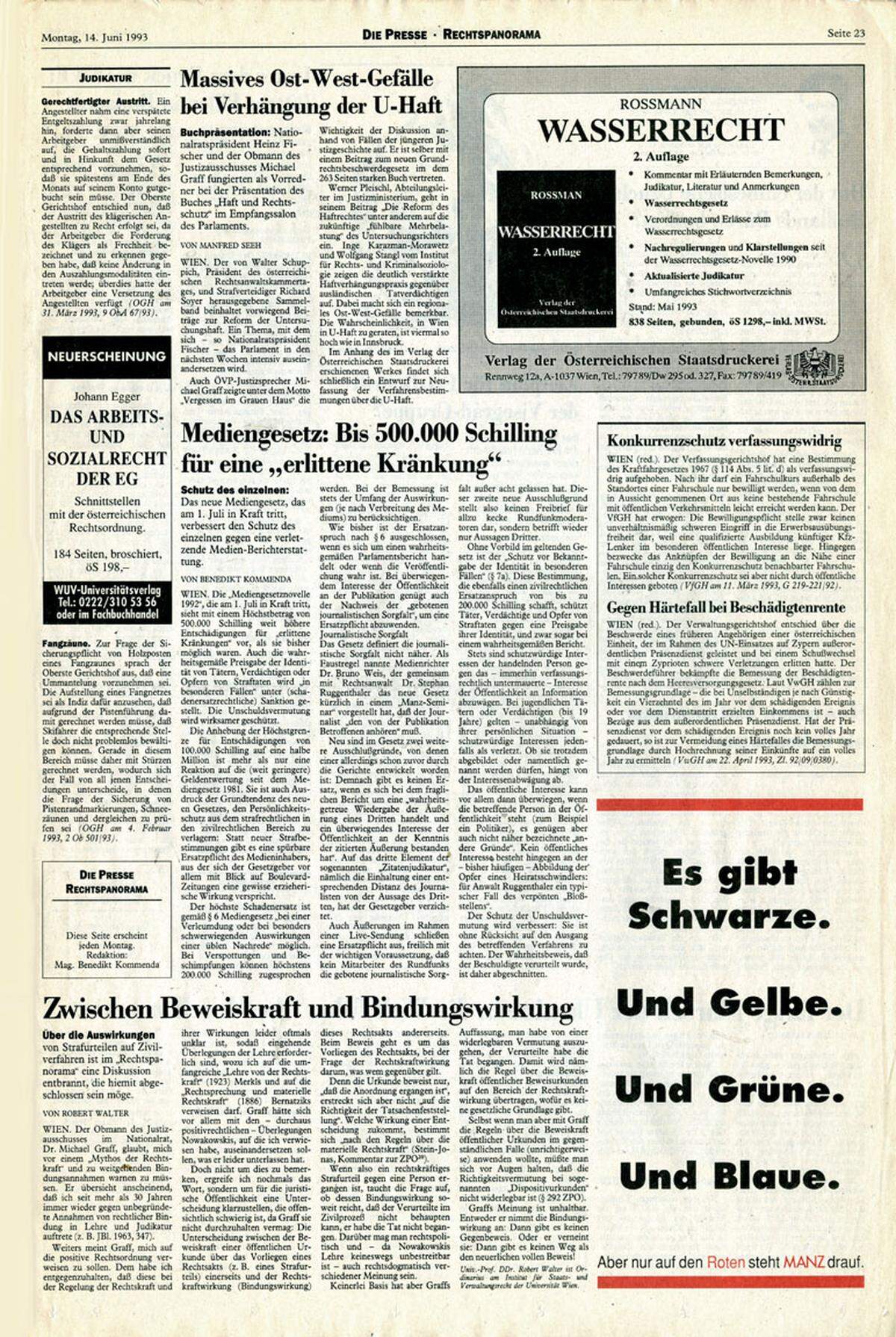 14. Juni 1993: "Die Presse" erscheint in einem etwas kleineren Format in einem neuen Layout. Erstmals ist Farbdruck möglich, hier dezent genutzt vom inserierenden Manz-Verlag. Aufmacher der Seite: das neue Mediengesetz, das am 1. Juli 1993 in Kraft trat.