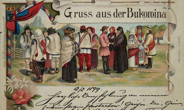 Grußkarte aus der Bukowina, anno 1899. Die Bevölkerung war sehr stark gemischt, die Ruthenen (r.) waren eine von vielen Volksgruppen.