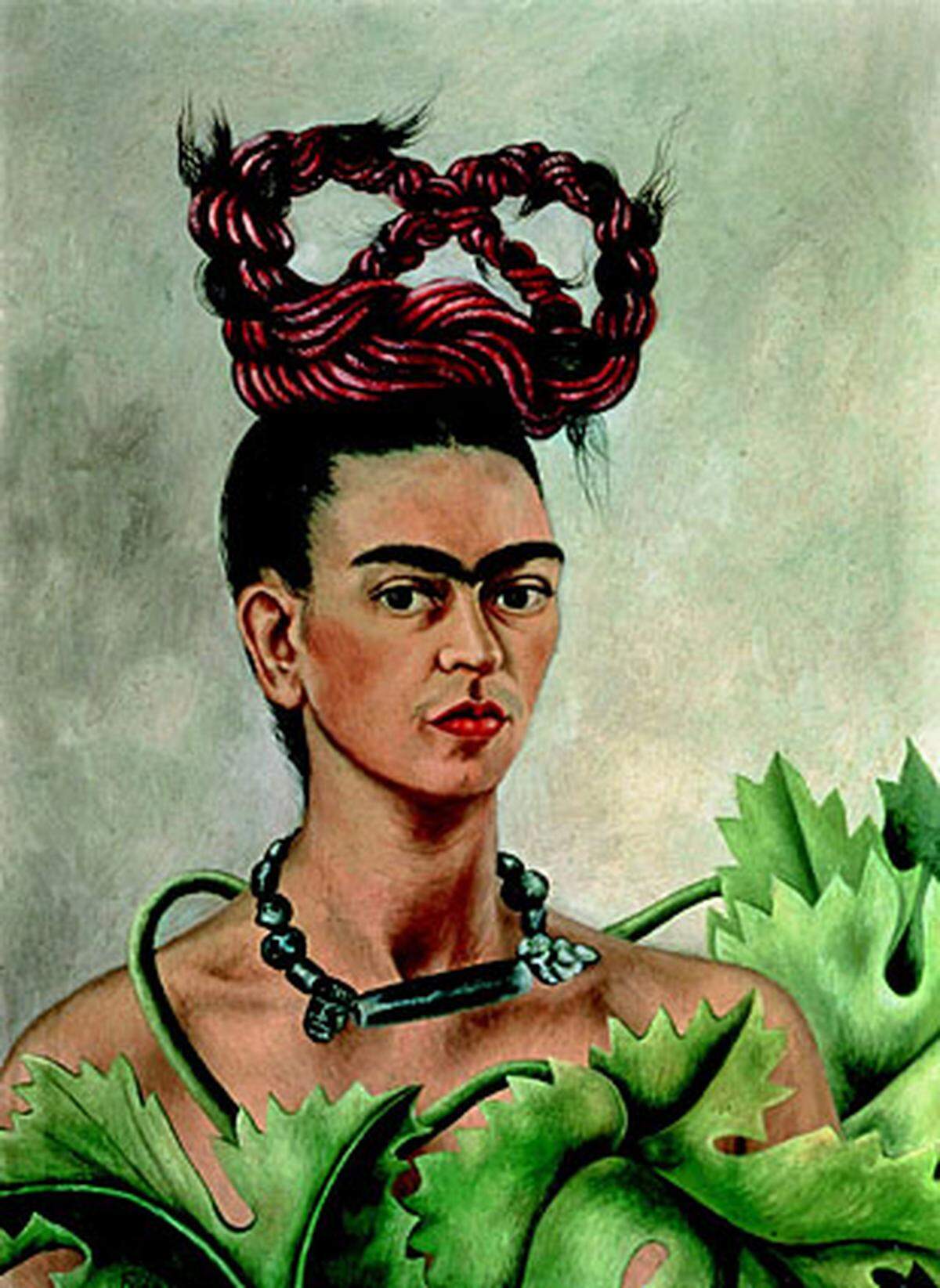 Kahlo, überzeugte Revolutionsanhängerin, mischte auch politische mit persönlichen Themen.   Frida Kahlo: Selbstbildnis mit Zopf (Autorretrato con trenza), 1941  The Jacques and Natasha Gelman Collection of 20th Century Mexican Art and The Vergel Foundation 