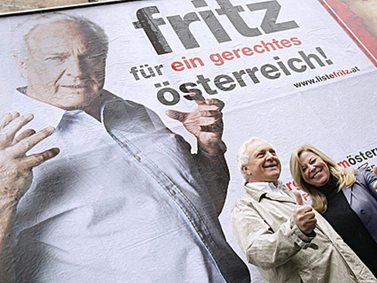 Erst Mitte September entschloss sich Fritz Dinkhauser, sein Porträt zu plakatieren. 400 Mal ließ er sein mit dem Wahlspruch "fritz für ein gerechtes österreich!" versehenes Konterfei in der Bundeshauptstadt anbringen - seiner Frau zuliebe, wie er sagt.
