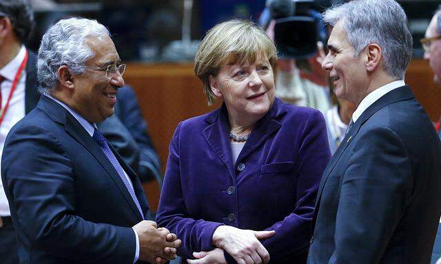 Portuguese Prime Minister Antonio Costa German Chancellor Angela Merkel and Austrian Chancellor Werner Faymann attend a European Union leaders summit in Brussels