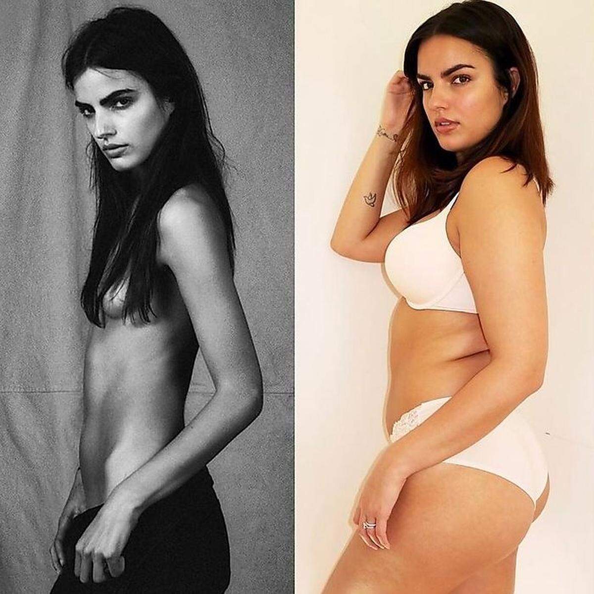 500 Kilokalorien am Tag: Das war das, was Model Liza Golden-Bhojwani zum "Idealgewicht" verhalf - als Model. Die Nahrungszufuhr auf dieses Niveau herunterzuschrauben sei das Einzige gewesen, das ihren Körper an klassische Modelmaße herangeführt habe, schrieb Golden-Bhojwani im britischen Magazin "i-D". Als sie schließlich zusammenbrach - während des Kochens -, habe sie einen Schlussstrich unter ihren persönlichen Magerwahn gezogen. Sie liebe heute ihre "Kurven" - oder, schlicht gesagt, ihre normale Figur. Auf dem Foto links: Liza Golden-Bhojwani während jener Zeit, als sie am Tag nur 500 Kalorien zu sich nahm.Auf dem Foto rechts: Golden-Bhojwani heute.