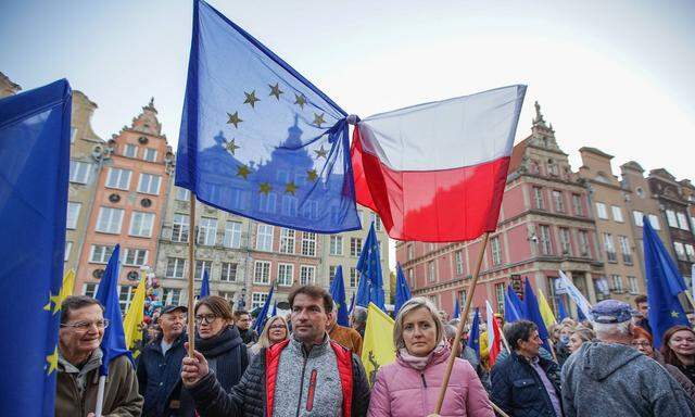 Protest Agains POLEXIT In Gdansk, Poland Protesters with EU and Polish flags are seen in Gdansk, Poland on 10 October 2