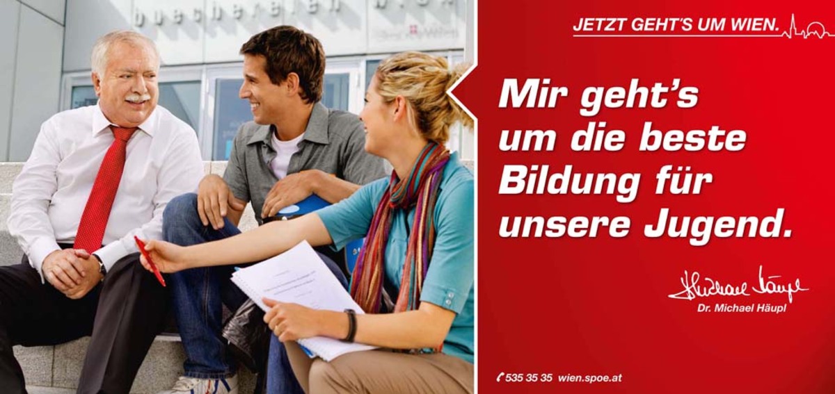 "Jetzt geht's um Wien", lässt Michael Häupl an so ziemlich jeder Ecke der Stadt ausrichten. Dem roten Bürgermeister geht's aber auch um die Gesamtschule - also "um die beste Bildung für unsere Jugend".