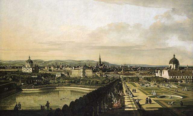 ''Wien, vom Belvedere aus gesehen''. Gemälde von Canaletto, 1758.