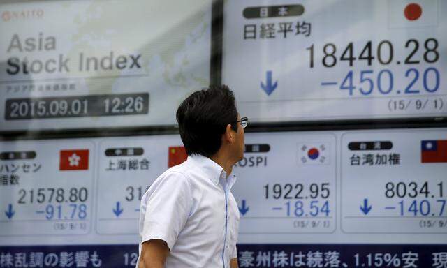 Man looks at electronic boards displaying various Asian countries´ stock price indexes outside a brokerage in Tokyo