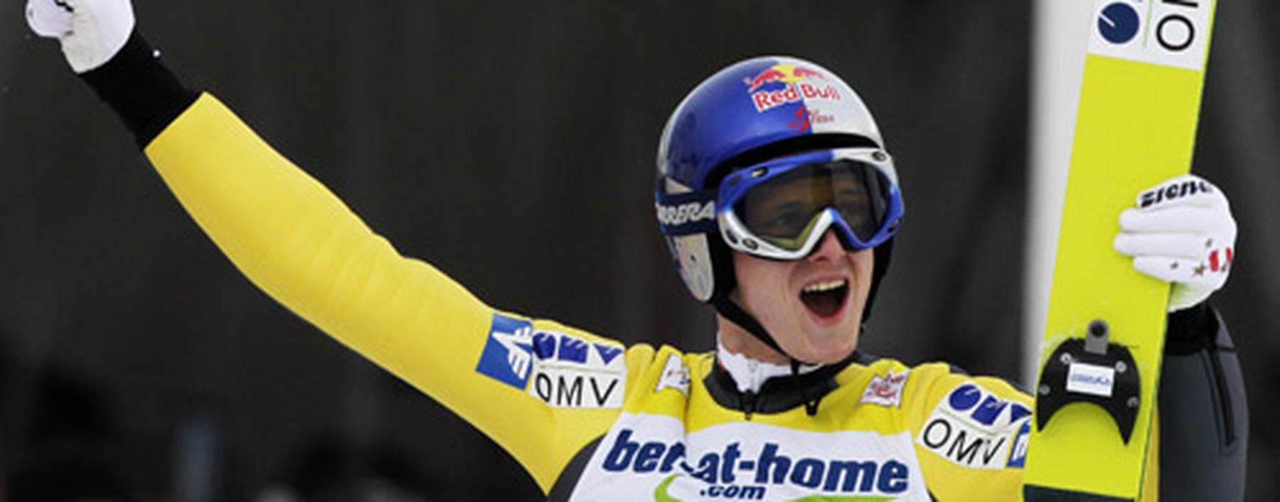 Morgenstern of Austria reacts after his first jump during the Ski Flying World Cup competition in Harrachov