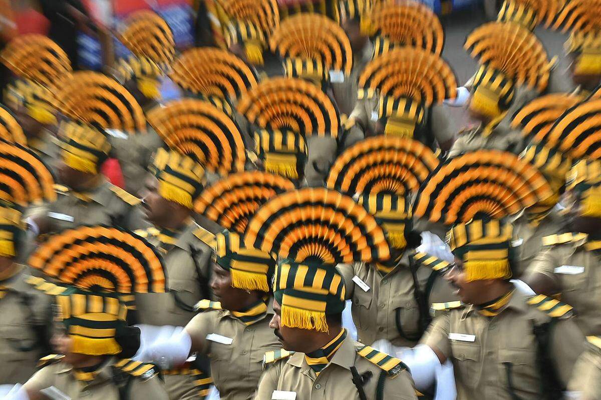 24. Jänner. Eine Probe für die Parade anlässlich des Tages der Republik in Indien.