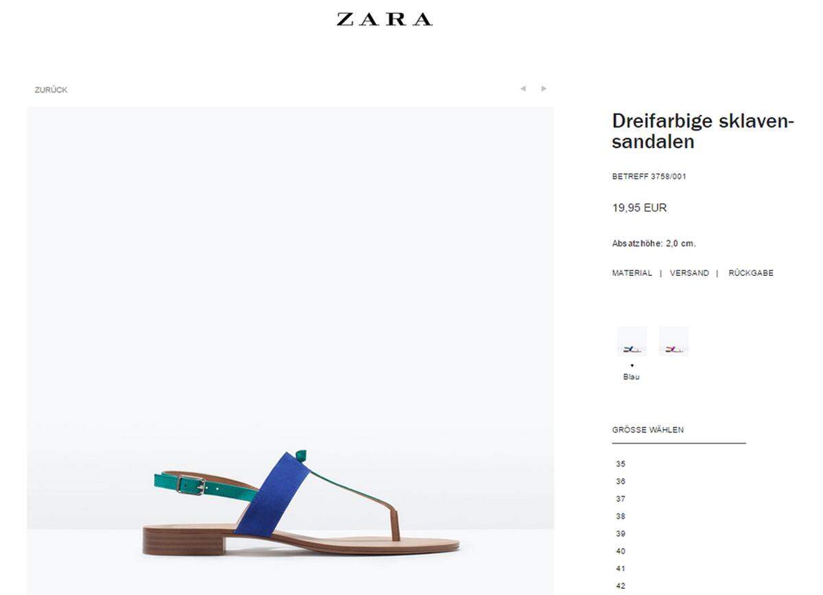 Herbe Kritik musste auch schon die spanische Textilkette Zara einstecken. Der Grund: Im Onlineshop wurden ebenfalls dreifarbige "Sklavensandalen" zum Kauf angeboten. Nach entrüsteten Kunden und Usern auf Social Media wurde der Schuh aus dem Onlineshop entfernt. Zara Deutschland erklärte unterdessen Spiegel Online in einer Stellungnahme gleich wie bei Dolce &amp; Gabbana, dass es sich um einen Übersetzungsfehler handle. In manchen Ländern ist der Begriff "slave sandals" oder "sandalias esclavas" geläufig.