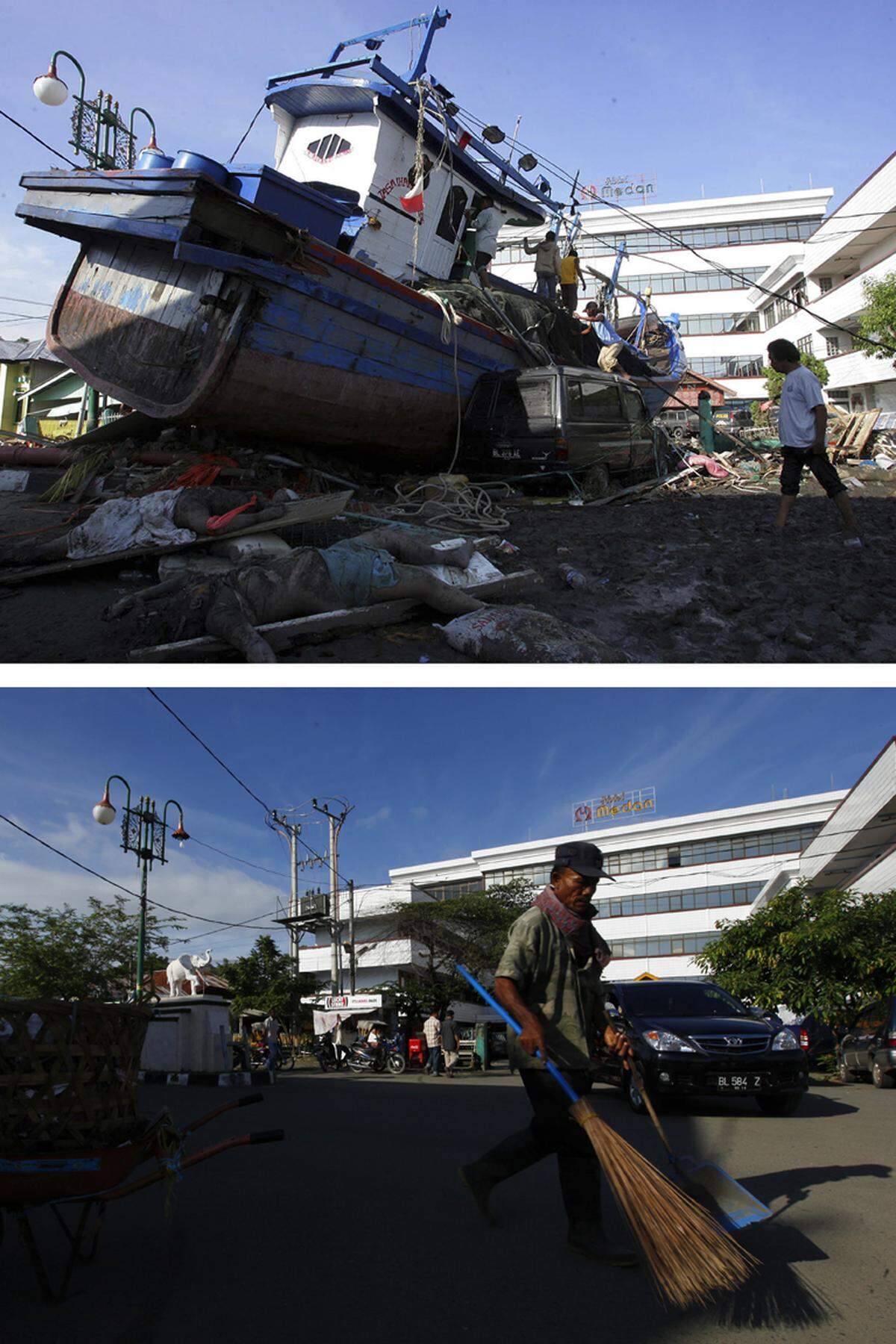 Banda Aceh (Sumatra, Indonesien) am 28. Dezember 2004 (oben) und am 5. Dezember 2005.