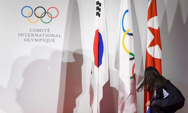 Die Flaggen Nord- und Südkoreas sowie des Olympischen Komitees