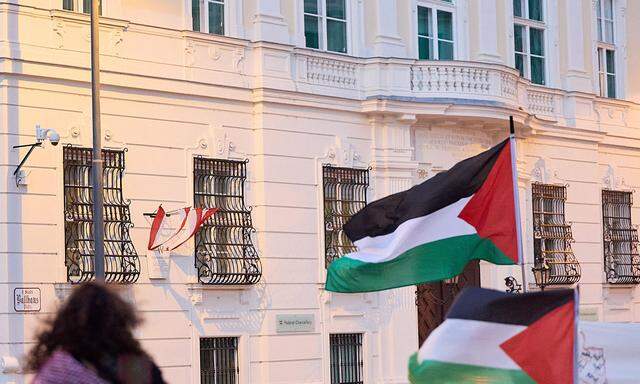 Propalästinensische Demonstranten schwenkten am Samstag vor dem Kanzleramt Fahnen.