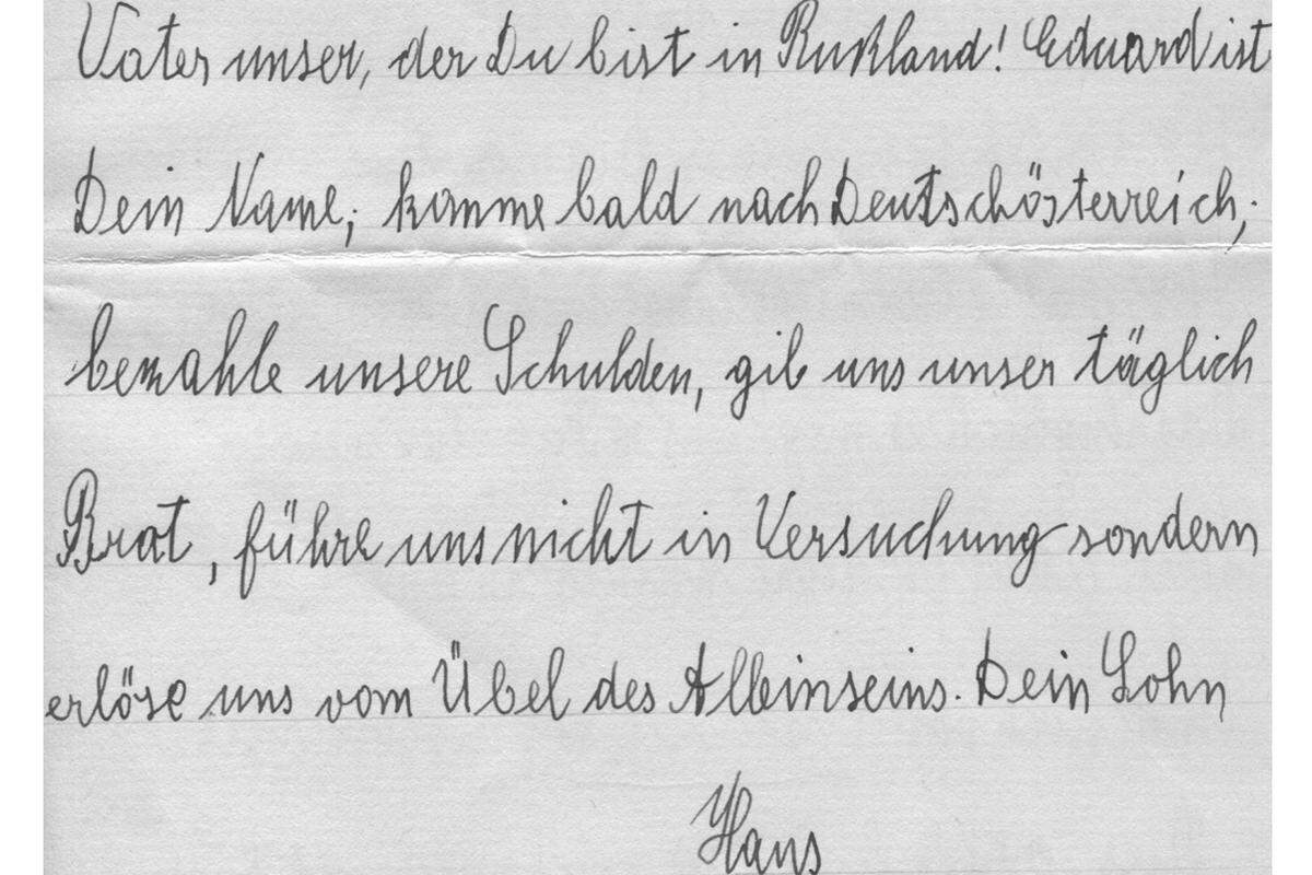 Weigel war während des Ersten Weltkriegs noch ein Kind. Als 11-Jähriger schrieb er zum 16. Hochzeitstag der Eltern ein Briefgedicht an den Vater, der in russischer Kriegsgefangenschaft war. Es ist eine Adaption des „Vater unser“, überraschend, Weigel stammte aus einem jüdischen Elternhaus.