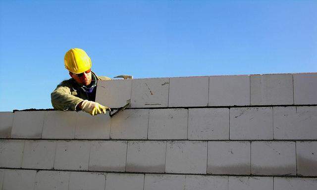 Bauarbeiter errichtet eine Ziegelmauer, McPBBO *** Construction worker builds brick wall, McPBBO McPBBO
