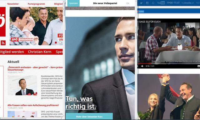 Drei Stile für den Wahlkampf in Rot, Türkis und Blau. Die Homepages von SPÖ, ÖVP und FPÖ sollen mobilisieren.