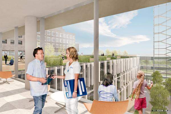 Das Krankenhaus die Versorgung der Donaustadt und Floridsdorfs abdecken. Das Krankenhaus Floridsdorf, die Semmelweis-Frauenklinik und das Orthopädische Krankenhaus in Gersthof werden in das neue Großspital übersiedeln.Bild: Rendering des "Promenadendecks"Link: Zu den aktuellen Berichten