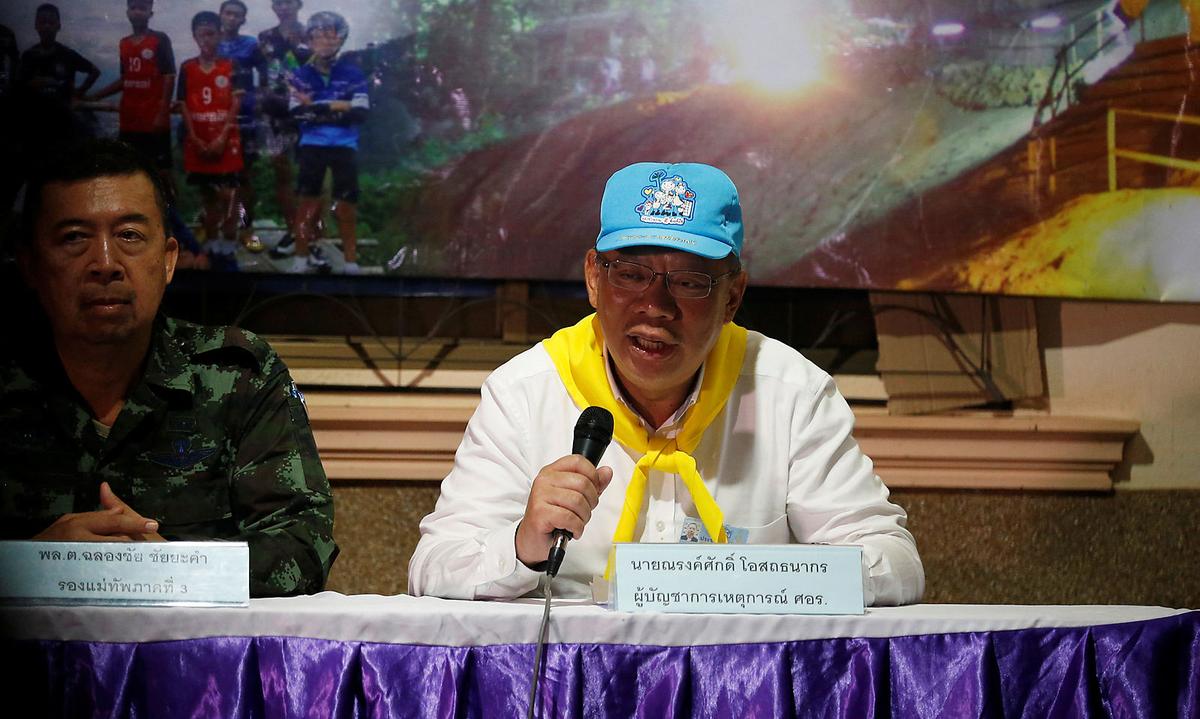 Chiang Rai province acting governor Narongsak Osatanakorn talks to journalist during a news conference near Tham Luang cave complex, in the northern province of Chiang Rai