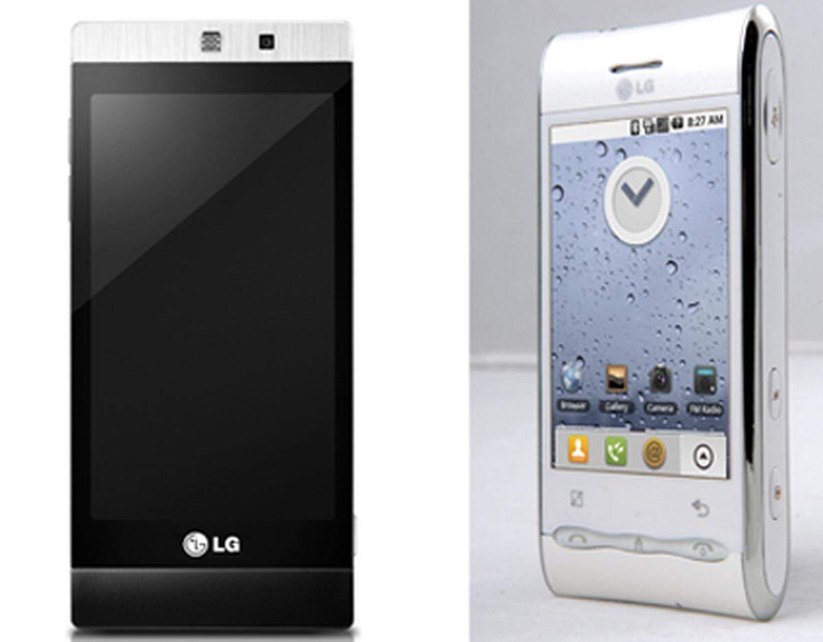 Ein kleines neues Smartphone von LG stellt das GD880 Mini dar. Ausgestattet mit der überarbeiteten Bedienoberfläche S-Class UI kommt das Gerät in einem Alugehäuse samt Touchscreen. Das GT450 (rechts im Bild) wurde schon auf der CES präsentiert und soll im Mai auf den Markt kommen und arbeitet mit Googles Android-Betriebssystem.