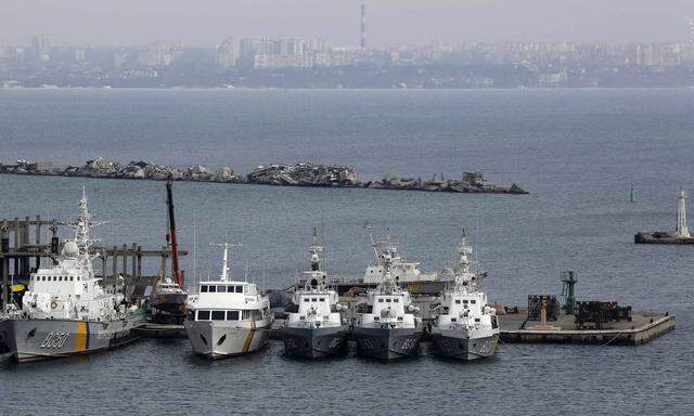 Ukrainian Coast Guard vessels are docked in the Black Sea port of Odessa