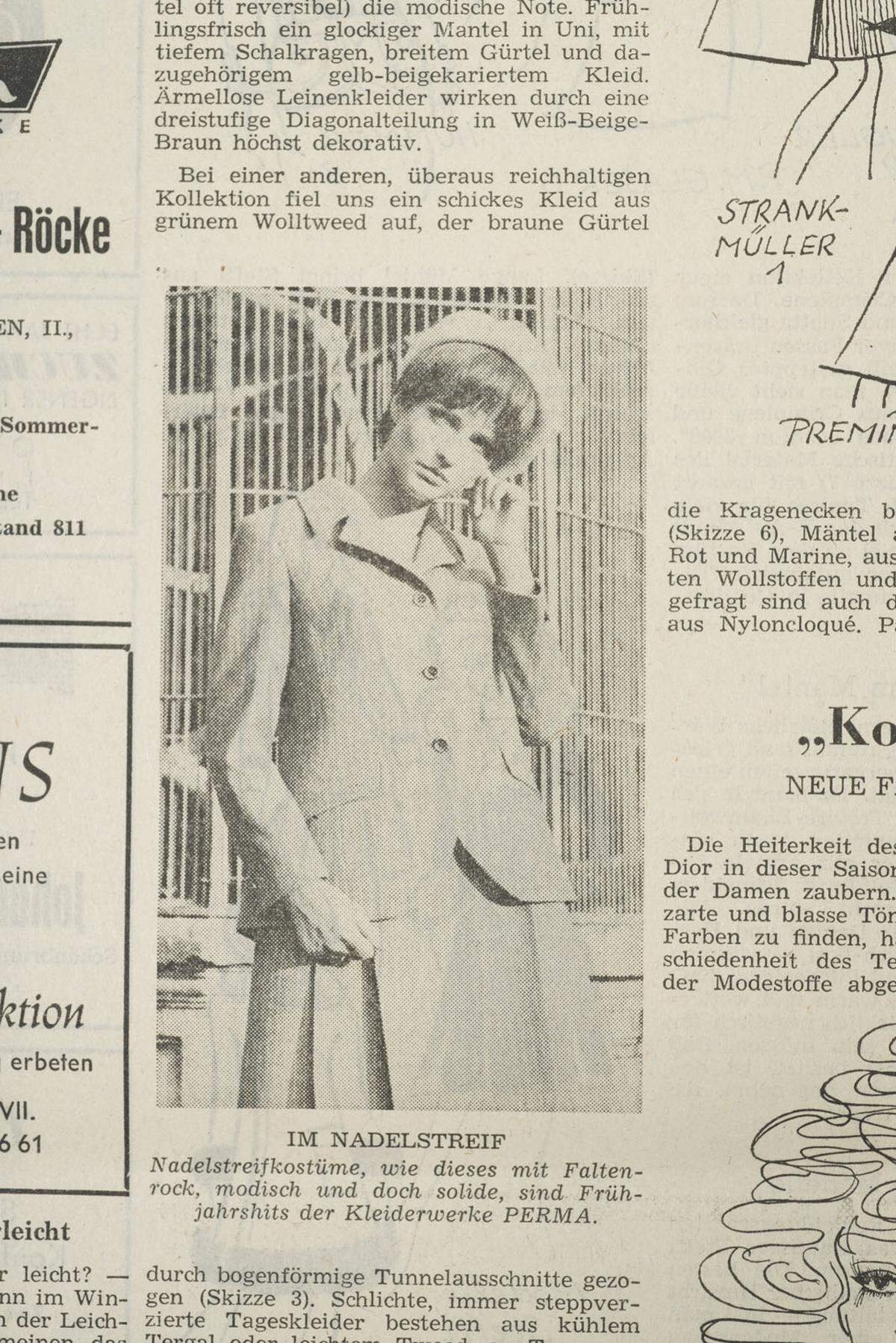 Ein Ausblick auf den Frühling 1969: "Nadelstreifenkostüme, wie dieses mit Faltenrock, modisch und doch solide, sind Frühjahrshits der Kleiderwerke PERMA."