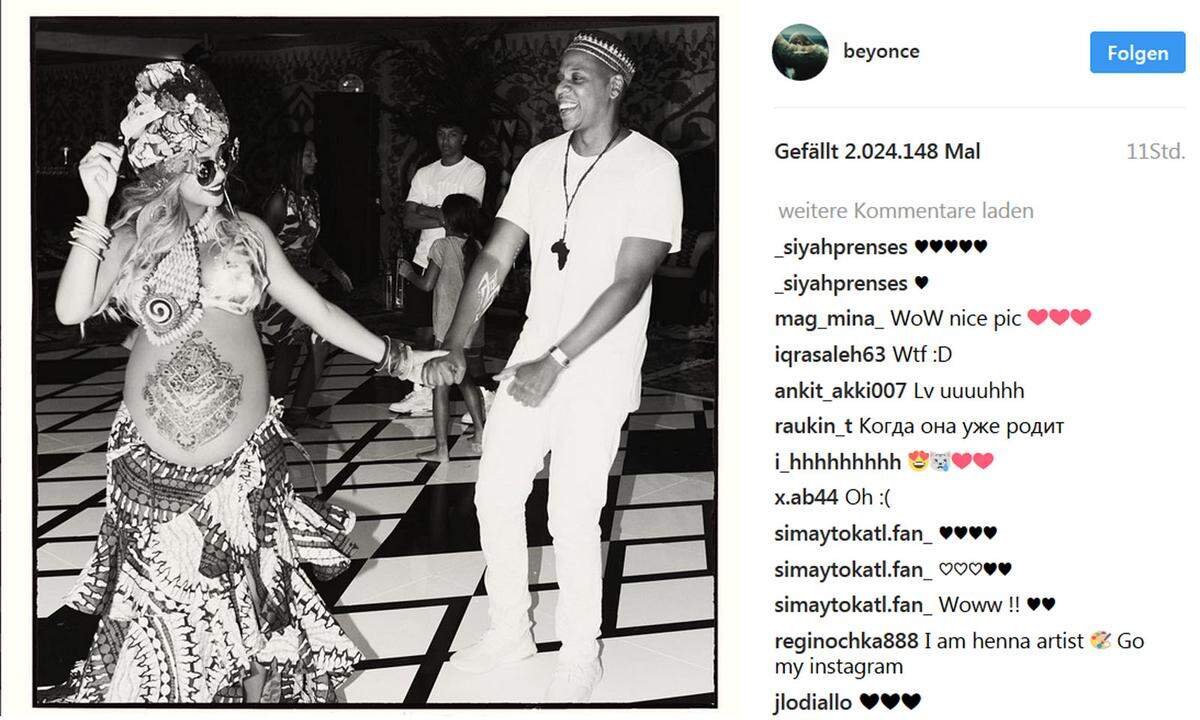 Zusammen mit Ehemann Jay-Z, Mutter Tina Knowles, Schwester Solange und Freunden wie der ehemaligen Destiny's-Child-Kollegin Kelly Rowland oder Michelle Williams stimmte sich der Popstar in Beverly Hills auf die Ankunft von Kind Nummer zwei und drei ein.