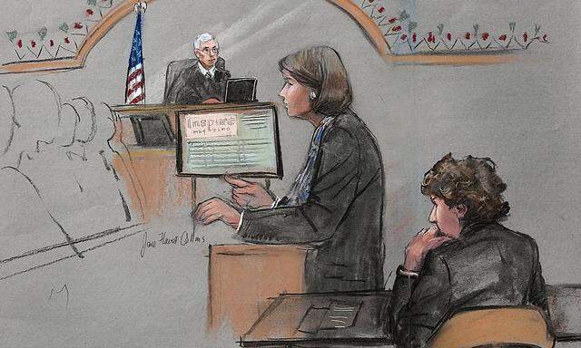 Skizze des Gerichtssaals: Anwältin Judy Clarke am Podest, hinter ihr sitzend Dzhokhar Tsarnaev.