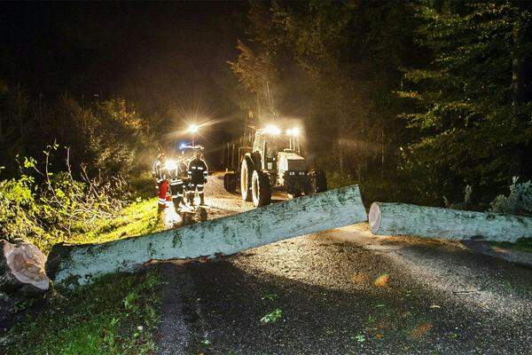 Oberösterreich: In Munderfing wird ein Baum, der die Straße blockiert, von der Feuerwehr weggeräumt.