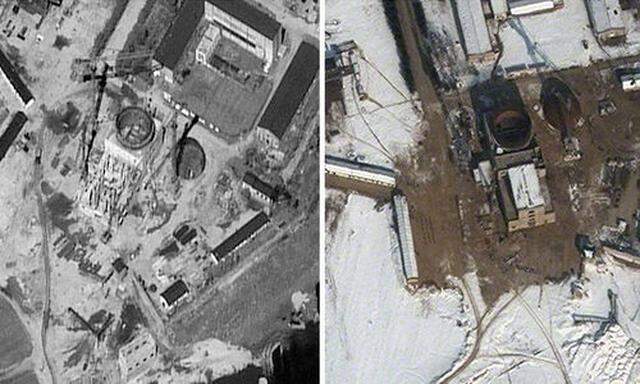 Zwei Satellitenbilder, links von September 2011, rechts von Februar 2012, zeigen den Fortschritt beim Bau des Reaktors in Nordkorea