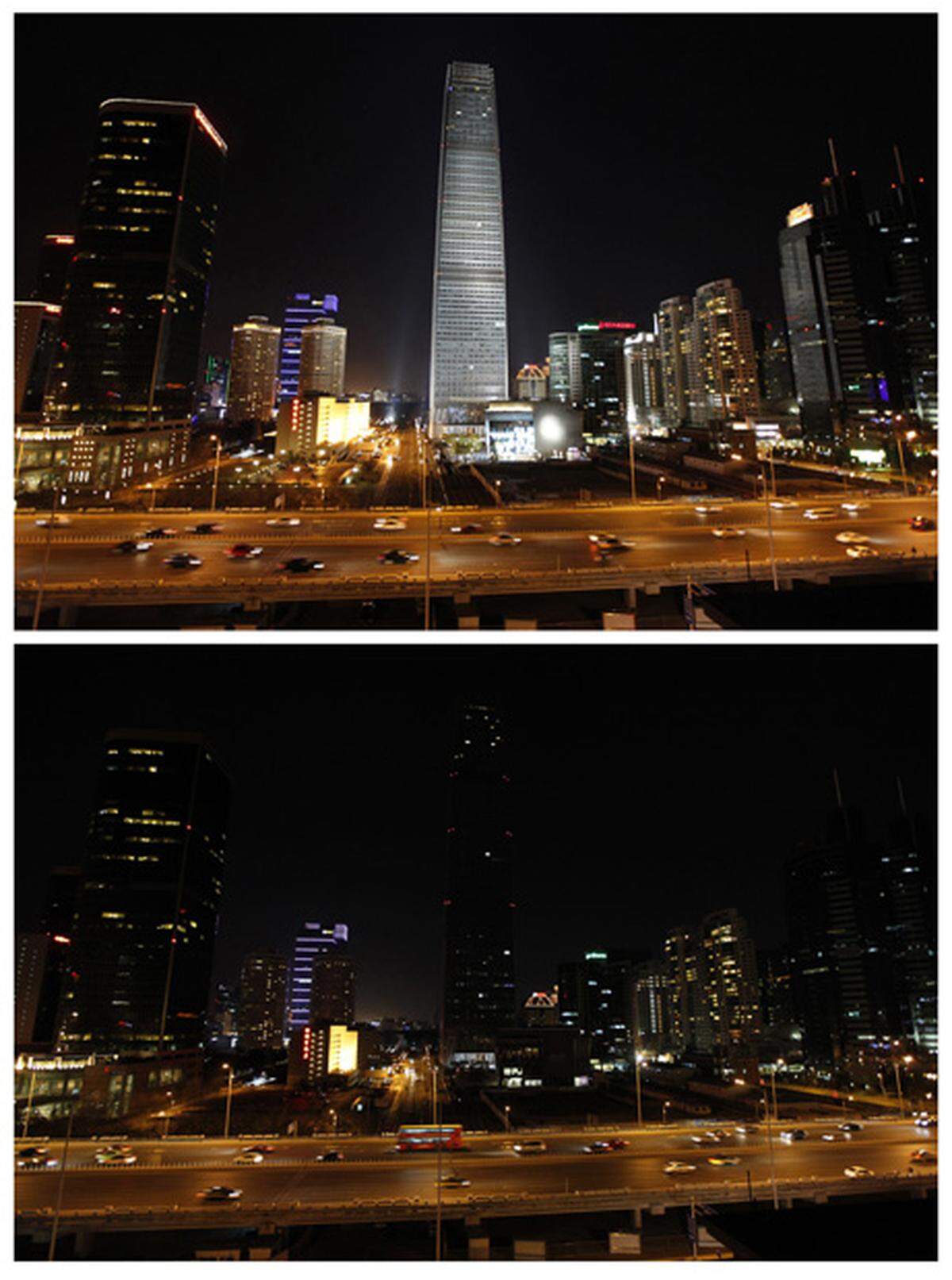 Turm drei des "China World Trade Center" in Peking versteckt sich im Dunkel der Earth Hour.