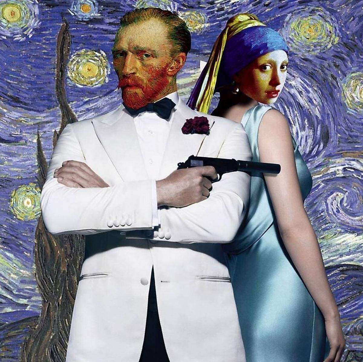 Die Collagen funktionieren freilich in beide Richtungen. So darf ein Van-Gogh-James-Bond auch vor der "Sternennacht" des Malers posieren - mit dem Mädchen mit dem Perlenohrring als Bond Girl.