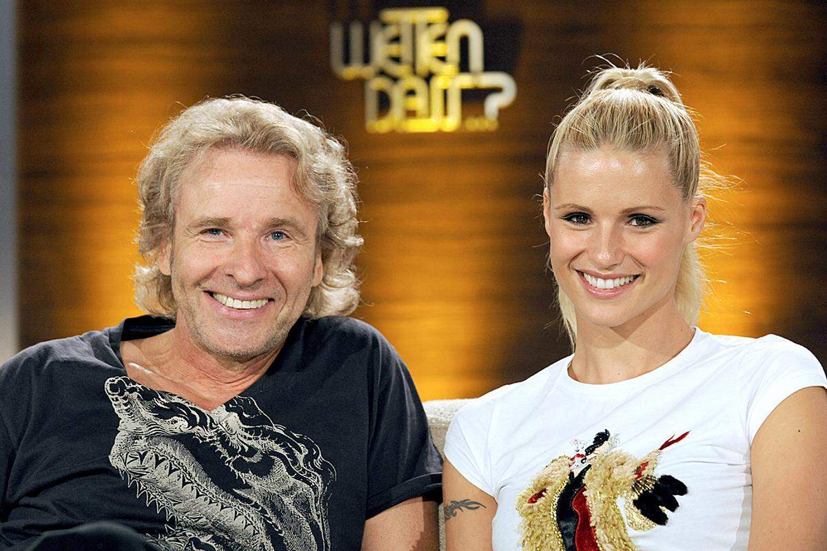 Spektakuläre Wetten, vor allem aber prominente Gäste, waren das Markenzeichen der Ära Gottschalk:Im Bild: Gottschalk mit Michelle Hunziker, die 2009 seine Co-Moderatorin wurde.