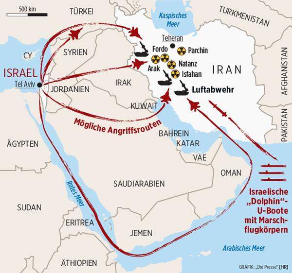 Für die Flugrouten gibt es mehrere Varianten: Eine Nordroute führt über die Türkei oder den Norden Syriens und des Irak. Länge bis Isfahan: gut 2200 Kilometer. Syrien könnte die Israelis kaum stoppen, aber die Krise zwischen der Türkei und Israel macht die Route zum Hasard. Der Irak hat keine Luftwaffe, US-Jets dort dürften „wegschauen“. Im Nordiran sind aber starke Jagdverbände. Die Zentralroute (1800 km) führt über Jordanien und den Irak, es steht aber der jordanisch-israelische Frieden auf dem Spiel, dafür ist Irans Luftabwehr hier schwach.