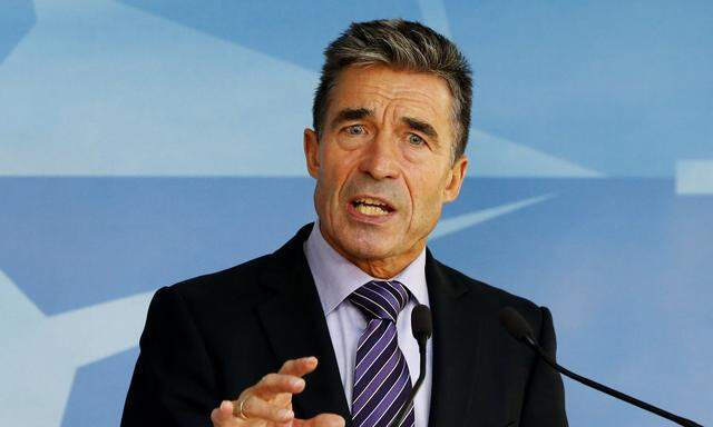 NATO Secretary General Rasmussen speaks during a news conference at the Alliance headquarters in Brussels